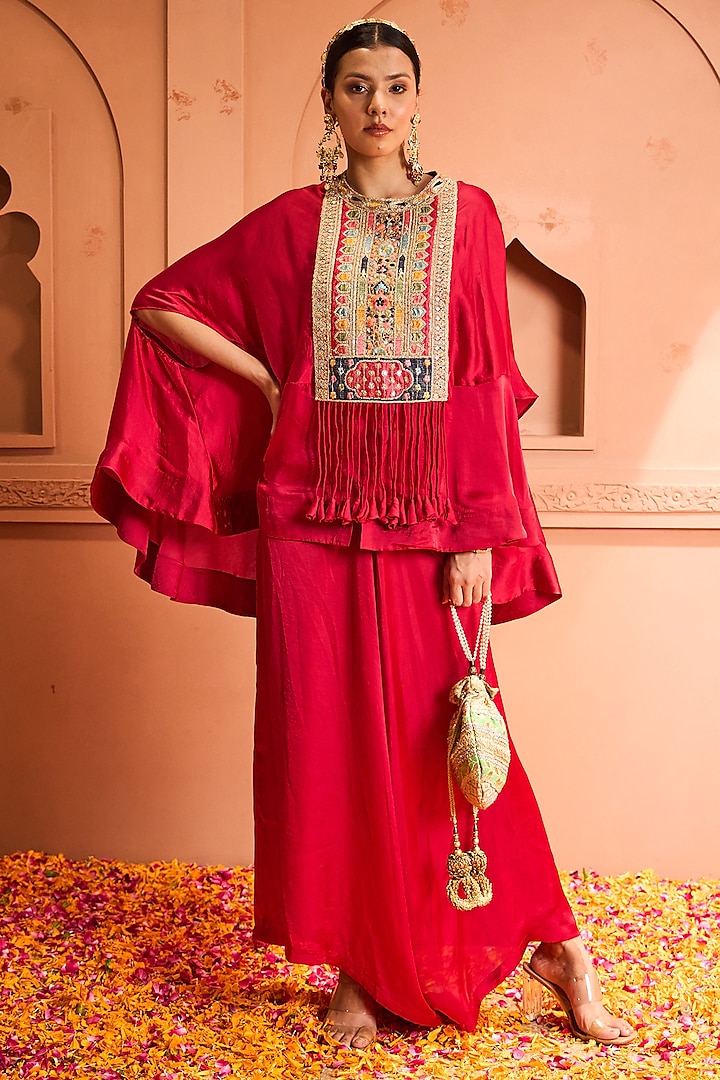 Red Satin Silk Patch Work Kaftan Set by Tasuvure at Pernia's Pop Up Shop