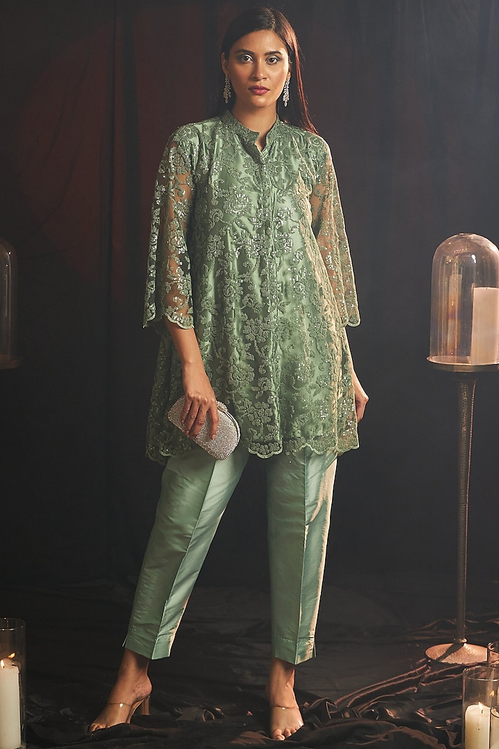 Pistachio Green Sequins Net Embroidered Tunic Set by Tasuvure at Pernia's Pop Up Shop