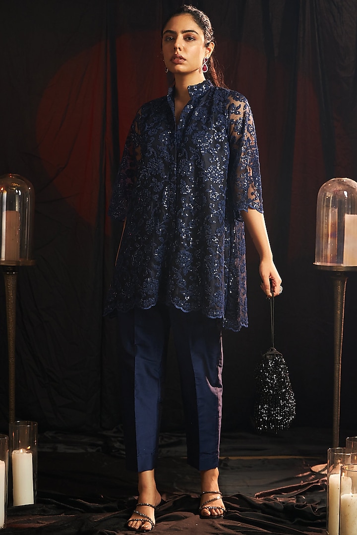 Midnight Blue Sequins Net Embroidered Tunic Set by Tasuvure at Pernia's Pop Up Shop