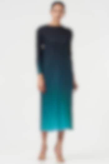 Blue Pleated Polyester Long Dress by Tasuvure