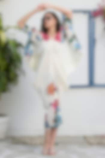 White Pleated Polyester Floral Kimono Kitsch Dress by Tasuvure at Pernia's Pop Up Shop