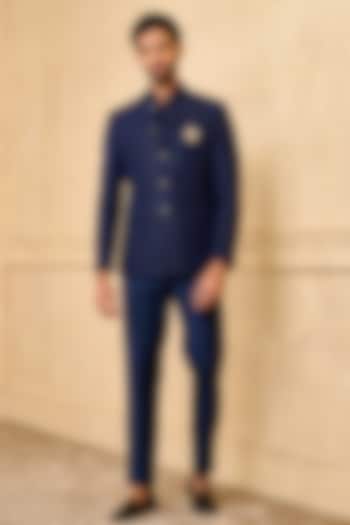 Navy Blue Raw Silk Thread Embroidered Bandhgala Set by TASVA at Pernia's Pop Up Shop
