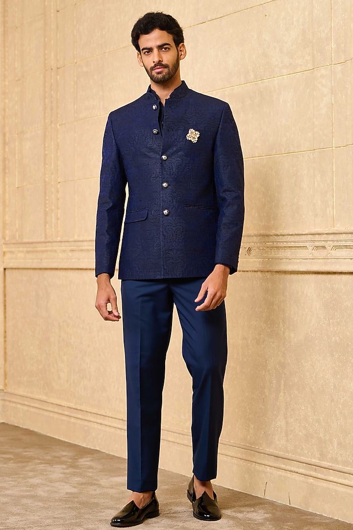Navy Blue Raw Silk Thread Embroidered Bandhgala Set by TASVA at Pernia's Pop Up Shop