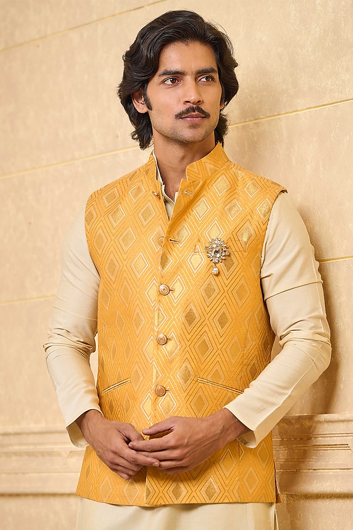 Yellow Brocade Bundi Jacket by TASVA