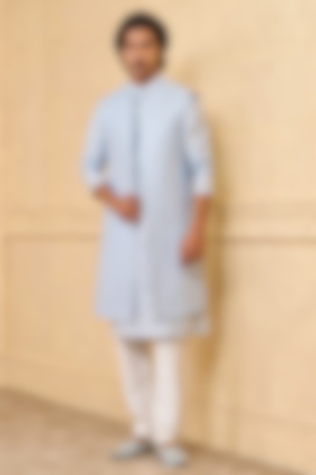 Light Blue Polyester Blend Indowestern Set by TASVA