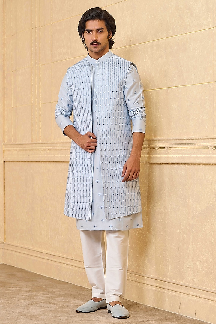 Light Blue Polyester Blend Indowestern Set by TASVA
