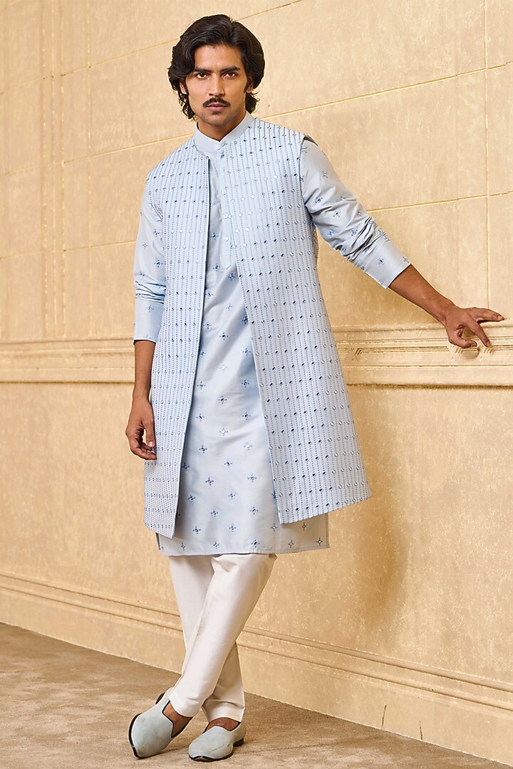 Light Blue Polyester Blend Indowestern Set by TASVA at Pernia's Pop Up Shop