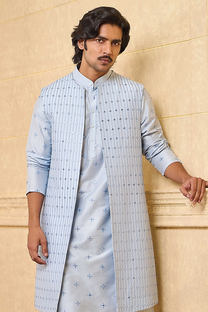 Light Blue Polyester Blend Indowestern Set by TASVA at Pernia's Pop Up Shop