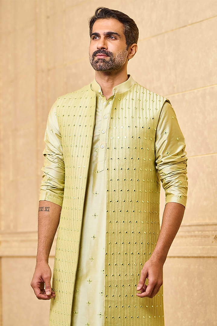 Light Green Polyester Blend Indowestern Set by TASVA at Pernia's Pop Up Shop