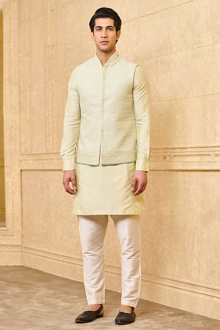 Light Green Schiffli Bundi Jacket Set by TASVA at Pernia's Pop Up Shop