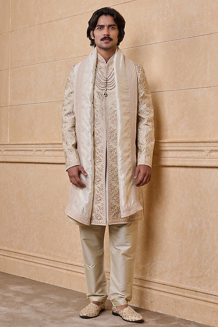 Cream Viscose Embroidered Sherwani Set by TASVA