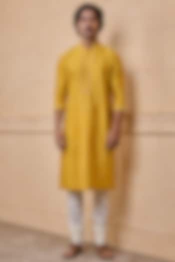 Ochre Yellow Viscose Mirror Embroidered Kurta Set by TASVA at Pernia's Pop Up Shop