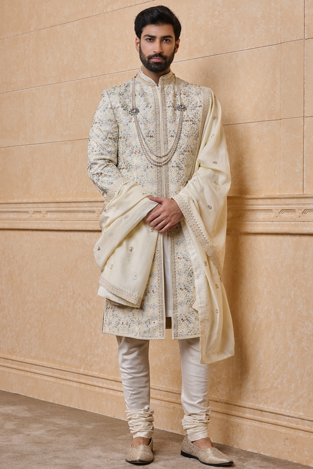 Ivory Polyester Embroidered Groom Sherwani Set by TASVA at Pernia's Pop Up Shop