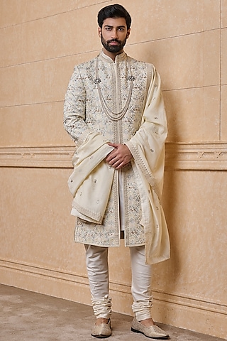 Ivory Polyester Embroidered Sherwani Set by TASVA