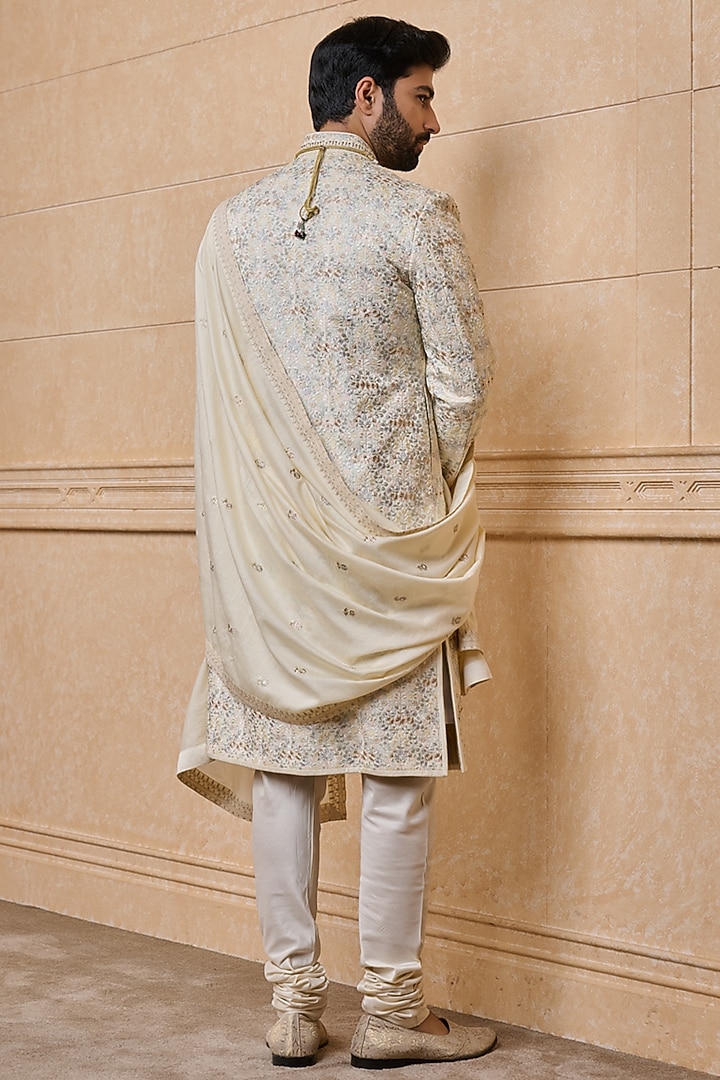 Ivory Polyester Embroidered Groom Sherwani Set by TASVA at Pernia's Pop Up Shop