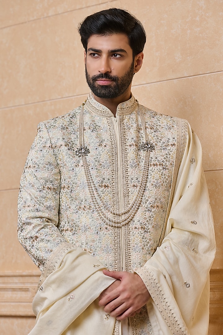 Ivory Polyester Embroidered Groom Sherwani Set by TASVA at Pernia's Pop Up Shop