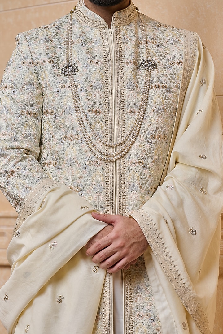 Ivory Polyester Embroidered Groom Sherwani Set by TASVA at Pernia's Pop Up Shop