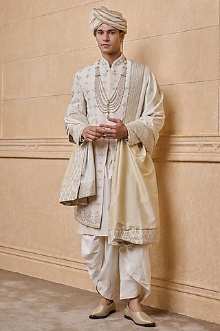 Ivory Cotton Zardosi Embroidered Wedding Sherwani Set by TASVA at