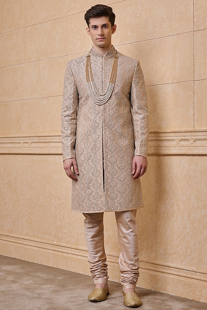 Pink Viscose Embroidered Sherwani Set by TASVA