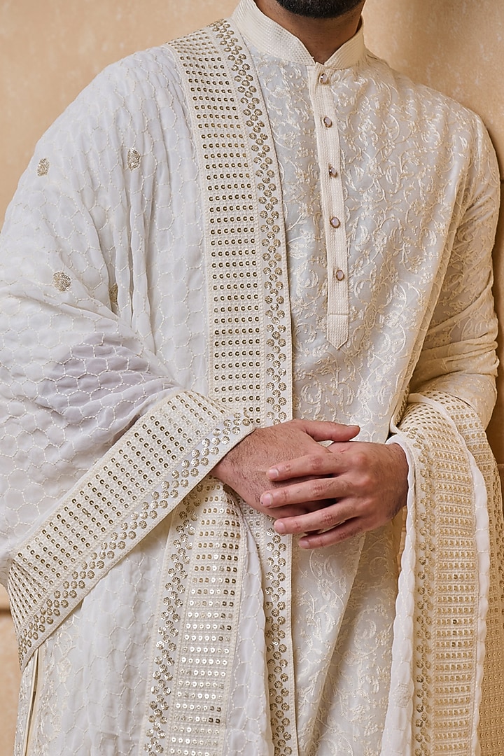 Ivory Georgette Embroidered Stole by TASVA at Pernia's Pop Up Shop