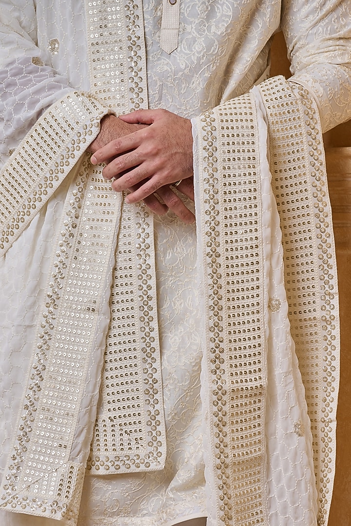 Ivory Georgette Embroidered Stole by TASVA at Pernia's Pop Up Shop