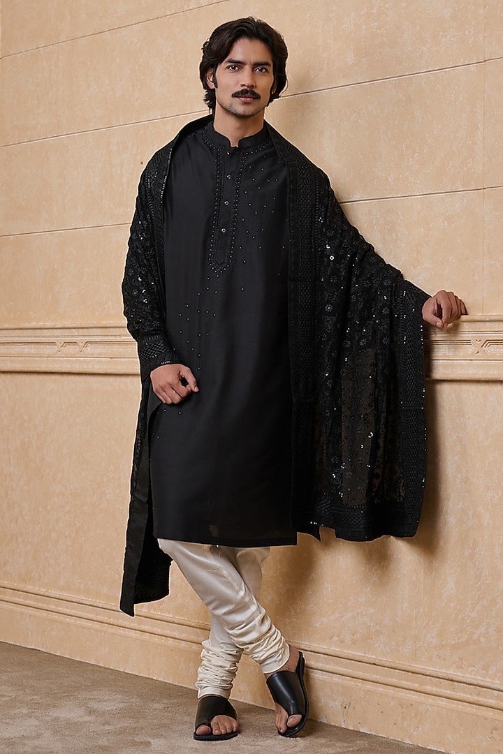 Black Georgette Embroidered Stole by TASVA