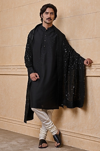 Black Georgette Embroidered Stole by TASVA