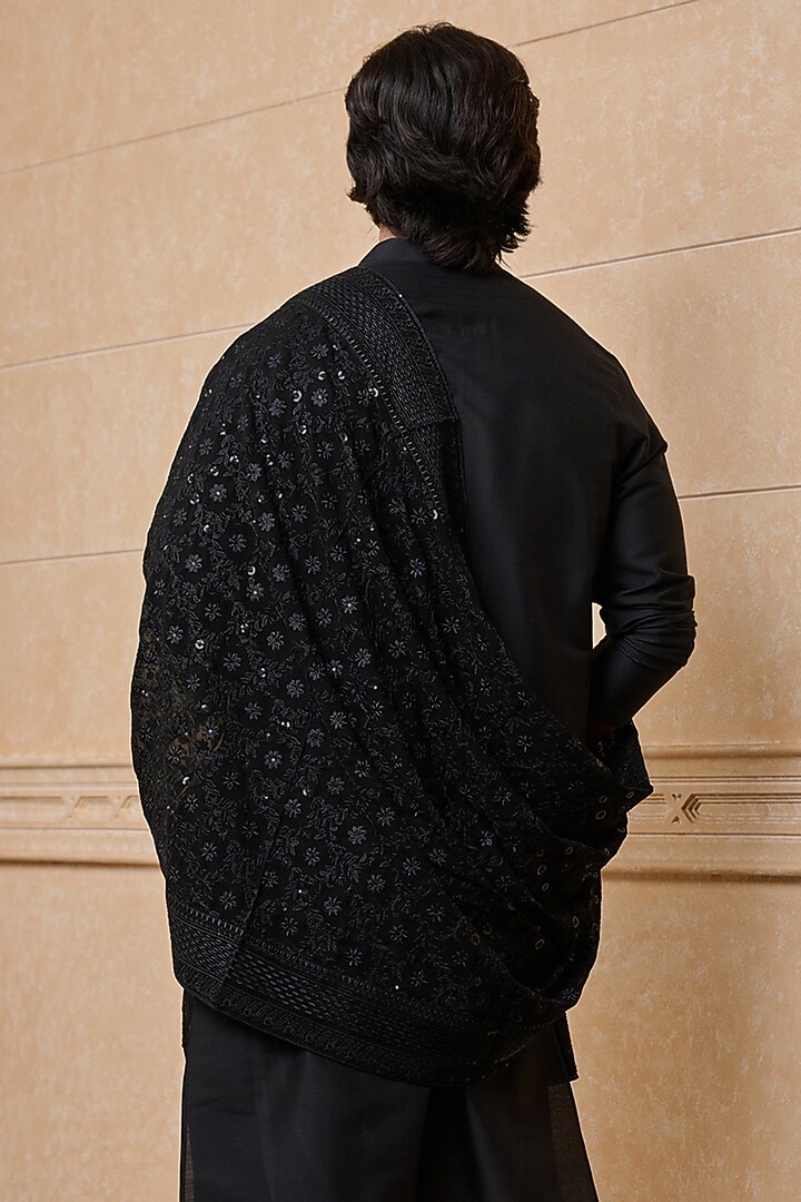 Black Georgette Embroidered Stole by TASVA at Pernia's Pop Up Shop