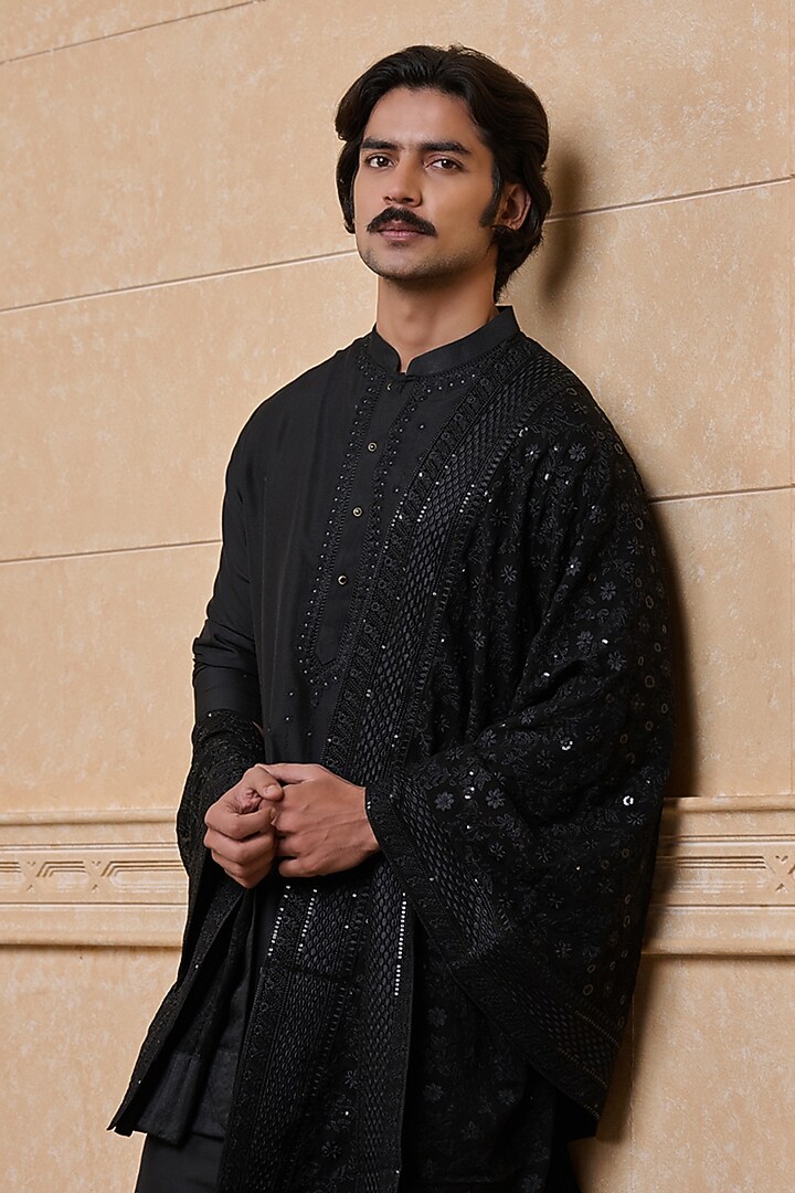 Black Georgette Embroidered Stole by TASVA at Pernia's Pop Up Shop