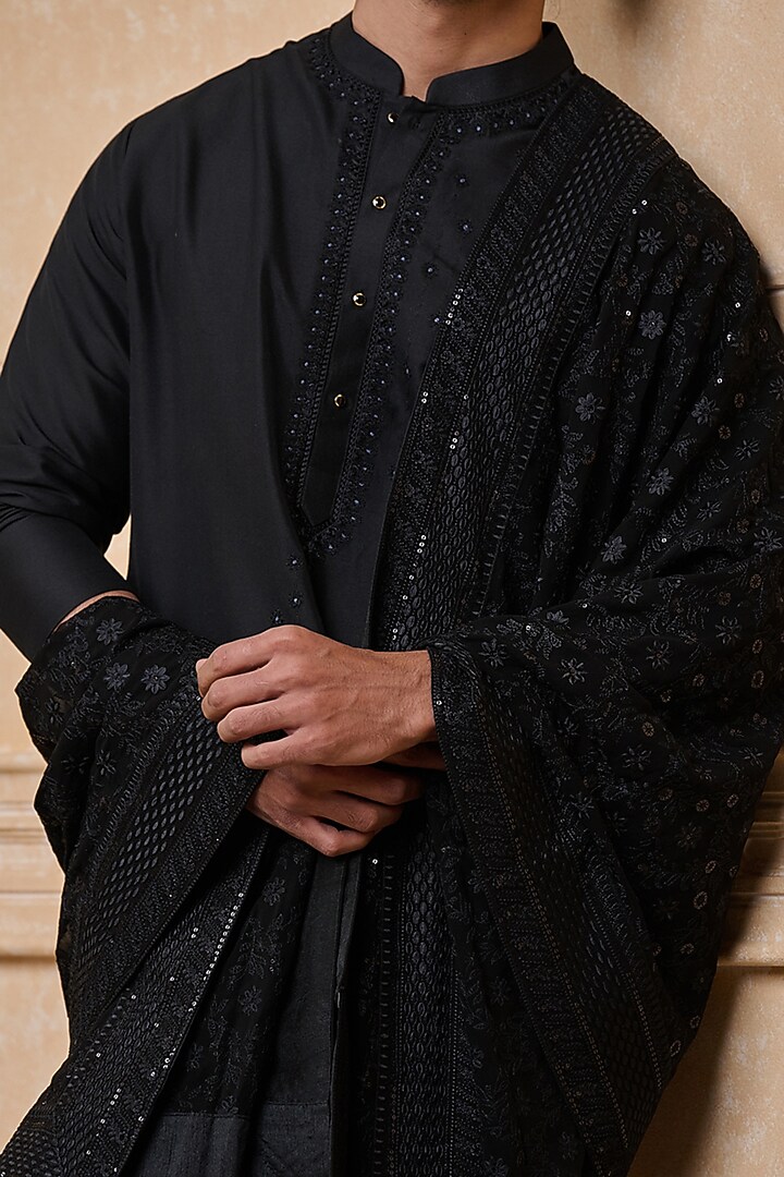 Black Georgette Embroidered Stole by TASVA at Pernia's Pop Up Shop