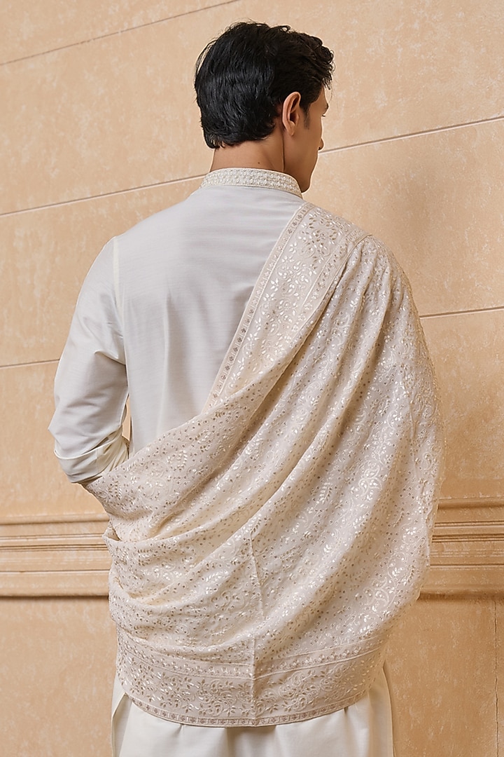 Ivory Georgette Embroidered Stole by TASVA at Pernia's Pop Up Shop