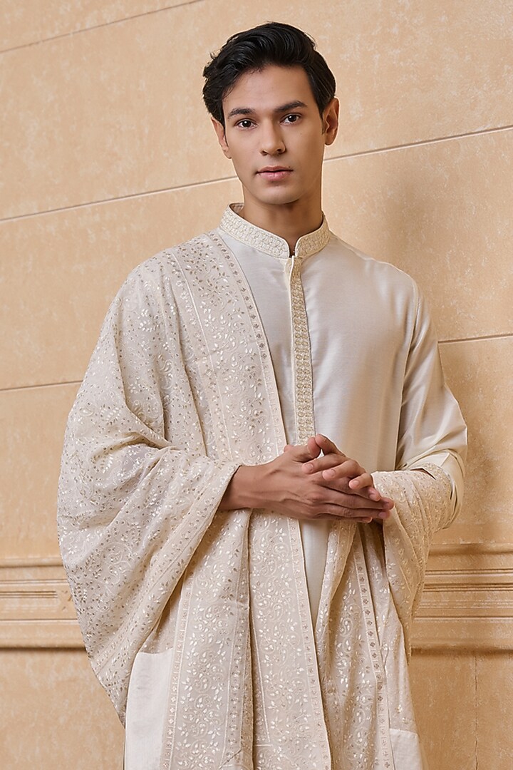 Ivory Georgette Embroidered Stole by TASVA at Pernia's Pop Up Shop