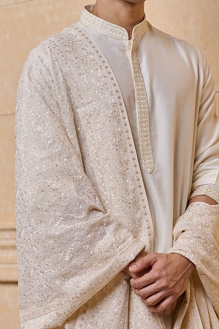Ivory Georgette Embroidered Stole by TASVA at Pernia's Pop Up Shop