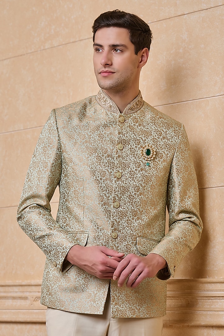 Light Green Jacquard Bandhgala Jacket by TASVA