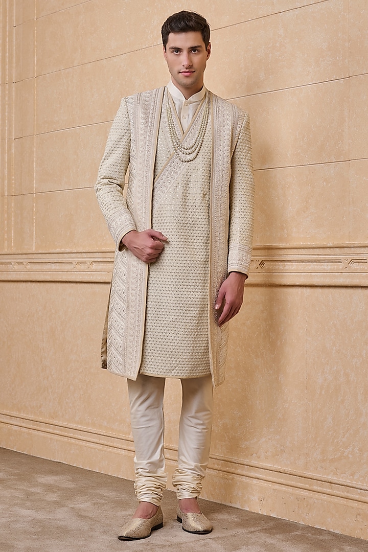 Ivory Viscose & Polyester Layered Wedding Sherwani Set by TASVA at Pernia's Pop Up Shop