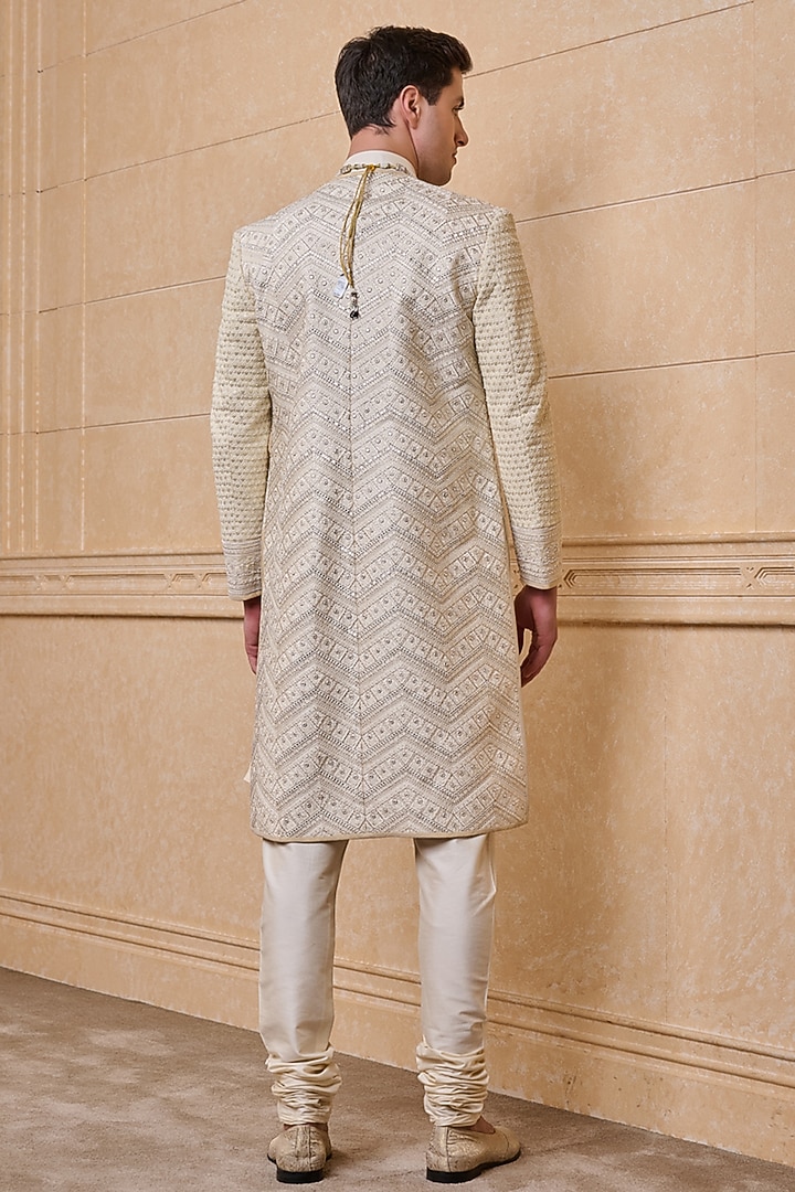 Ivory Viscose & Polyester Layered Groom Sherwani Set by TASVA at Pernia's Pop Up Shop
