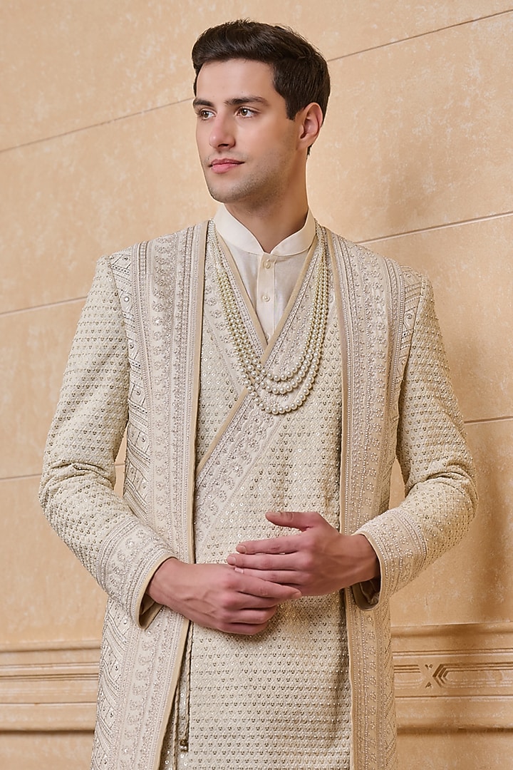 Ivory Viscose & Polyester Layered Groom Sherwani Set by TASVA at Pernia's Pop Up Shop
