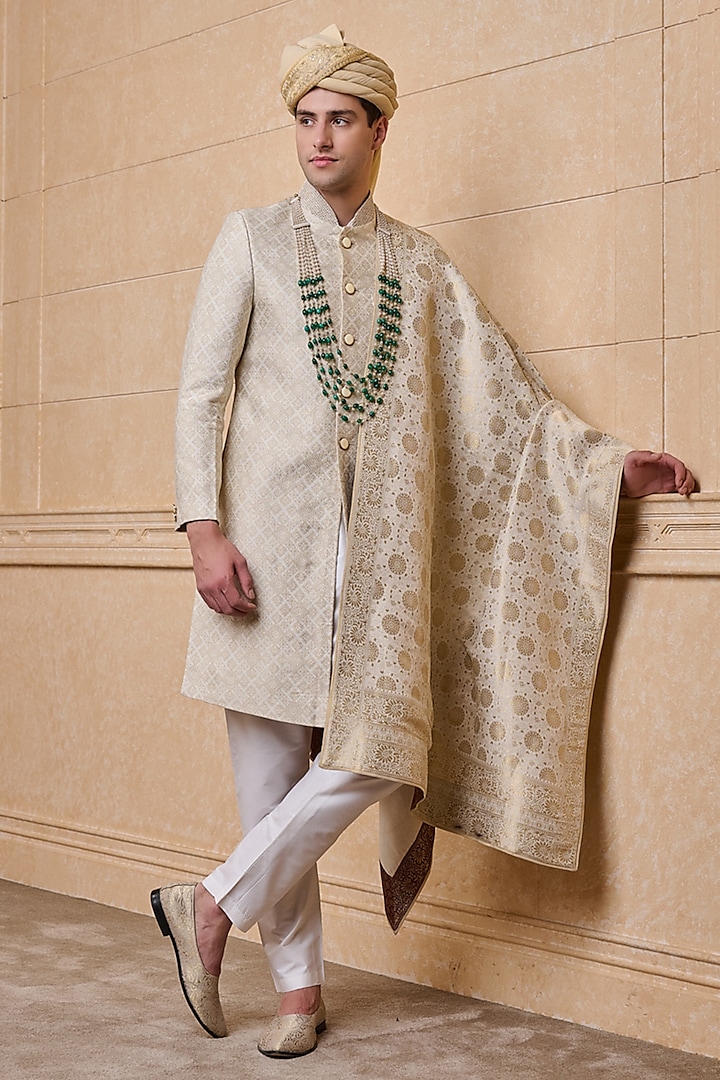 Ivory Brocade Sherwani Set by TASVA at Pernia's Pop Up Shop