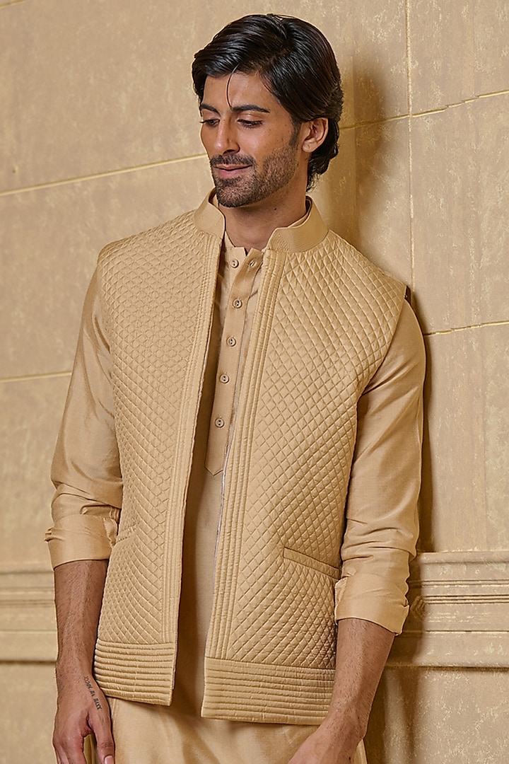 Beige Viscose Blend Nehru Jacket by TASVA