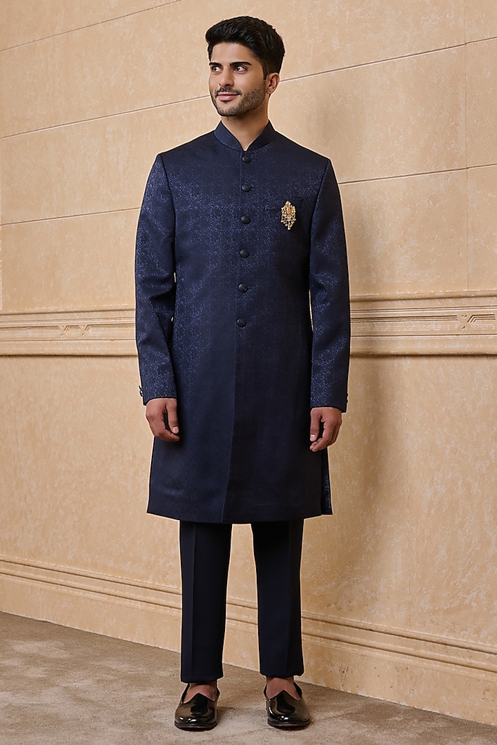 Navy Viscose & Polyester Indowestern Set by TASVA