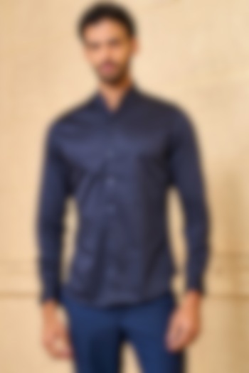 Navy Blue Cotton Linen Shirt by TASVA