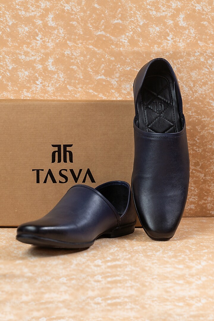 Navy Blue Leather Mojris by TASVA at Pernia's Pop Up Shop