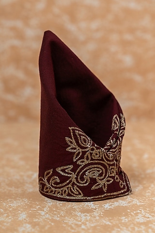 Wine Viscose Blend Embroidered Pocket Square by TASVA