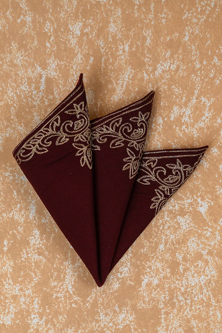 Wine Viscose Blend Embroidered Pocket Square by TASVA at Pernia's Pop Up Shop