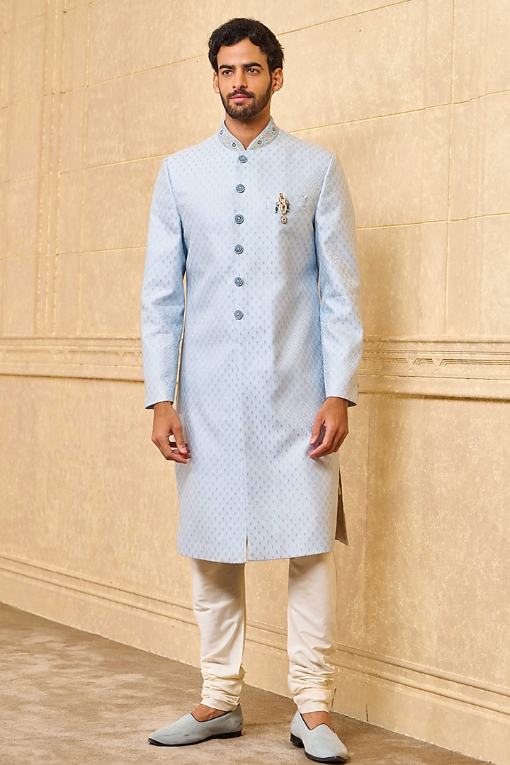 Light Blue Viscose Blend Embellished Sherwani Set by TASVA