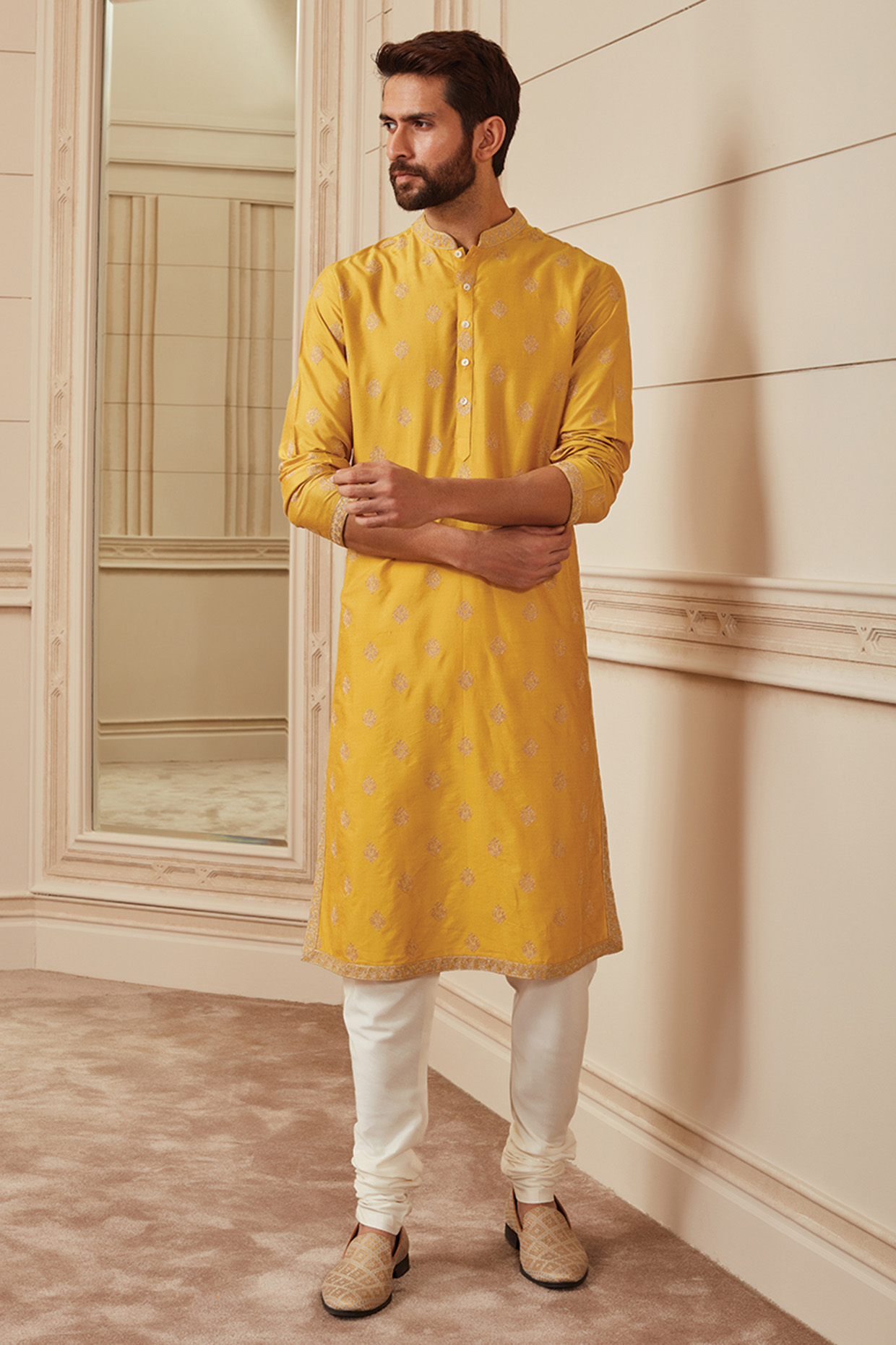 Yellow Viscose Blend Boota Embroidered Kurta Set by TASVA at Pernia's Pop Up Shop