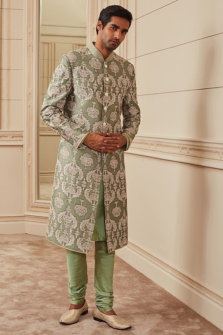 Jade Green Silk Printed & Embroidered Sherwani Set by TASVA