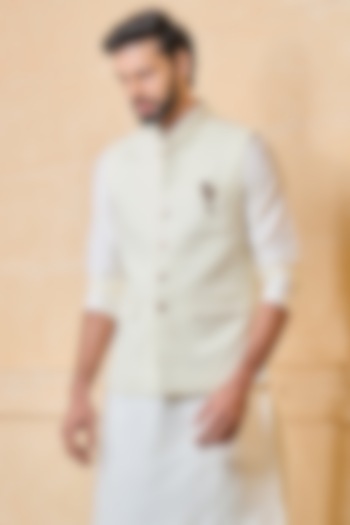 Ivory Cotton Blend Embroidered Bundi Jacket by TASVA