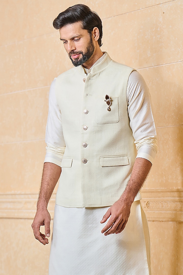 Ivory Cotton Blend Embroidered Bundi Jacket by TASVA