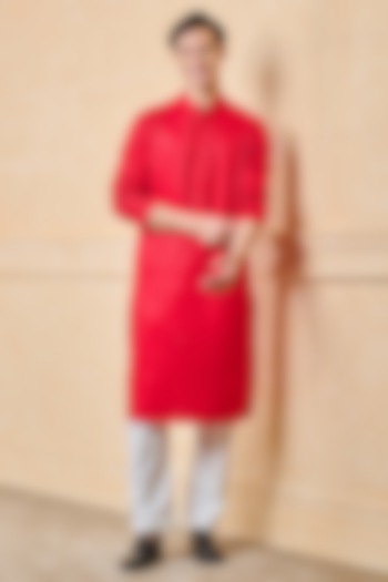 Red Cotton Blend Embroidered Kurta Set by TASVA